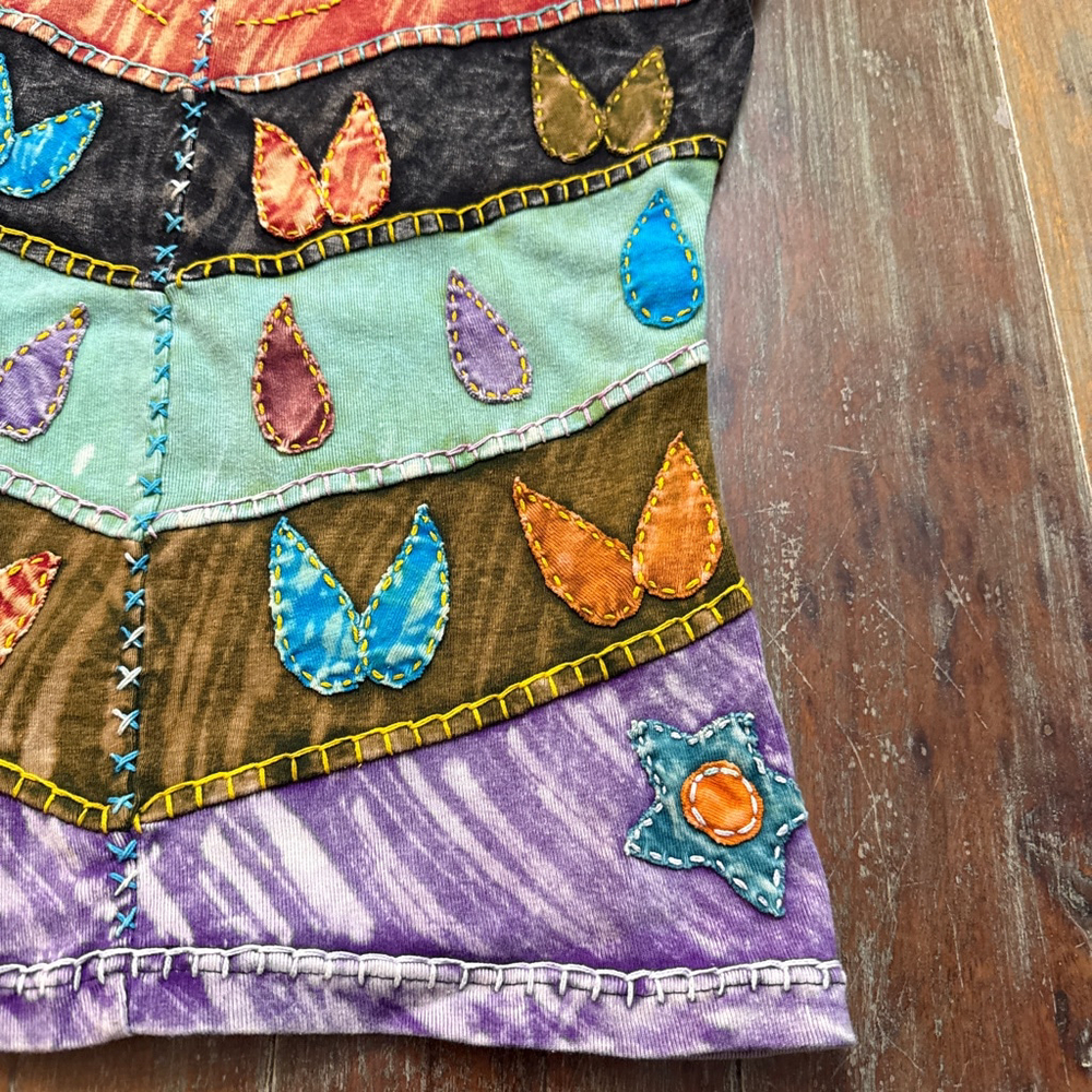 Boho Multicolor Patchwork Tank Top Large Leaf Flo… - image 4